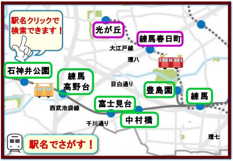 中村橋駅を中心に３沿線１３駅に絞って営業中！西武池袋線と大江戸線をお探しなら、駅名をクリックして下さい